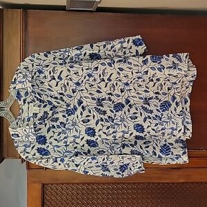 Rachel Zoe | 100% Linen Off White and Blue Floral Print Blouse 3/4 sleeve - 1X